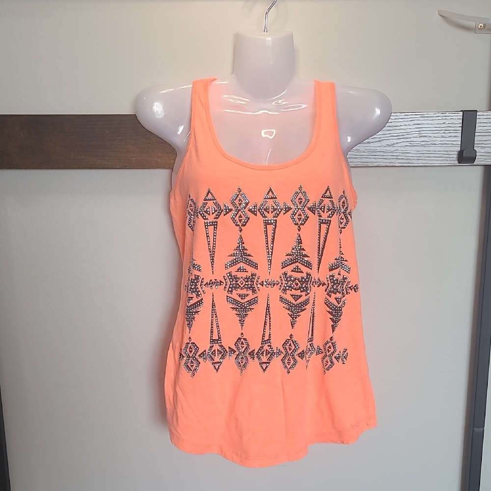 Orange Geometric Tank Top Y2K JERSEY SHORE tribal Rhinestone Loose Coral 🛍6/36